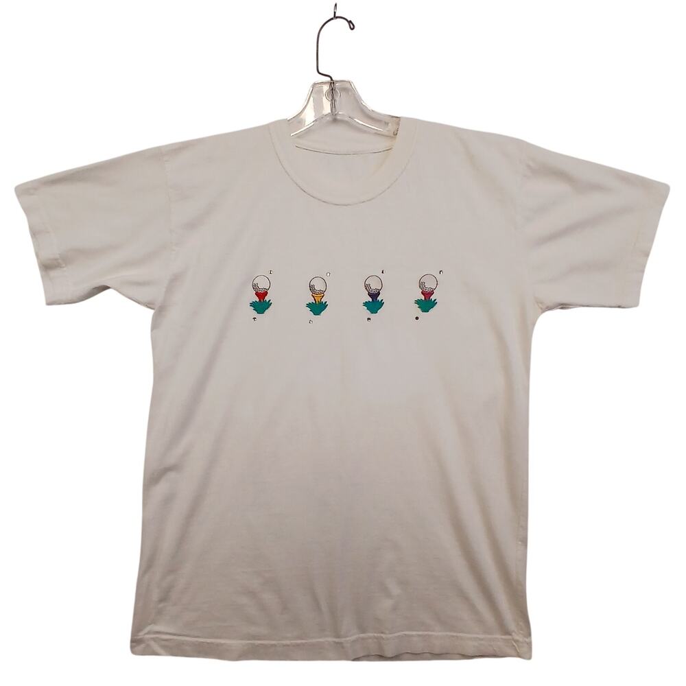Golf Tees Embroidered Rhinestone Graphic T Shirt White Size Large